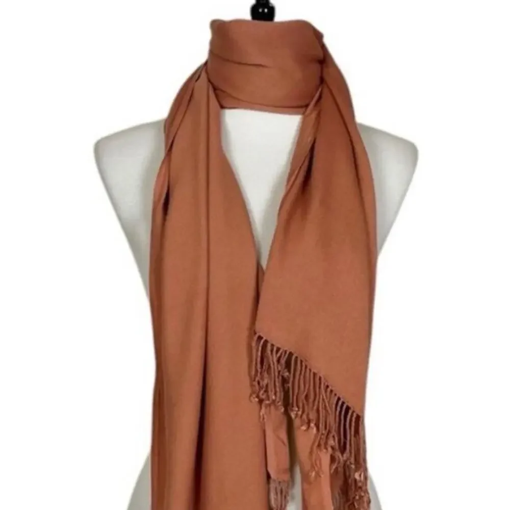 Women’s Bundle 3 Oblong Scarfs Solid Neutral Color Fringe Tan Orange Brown Tan